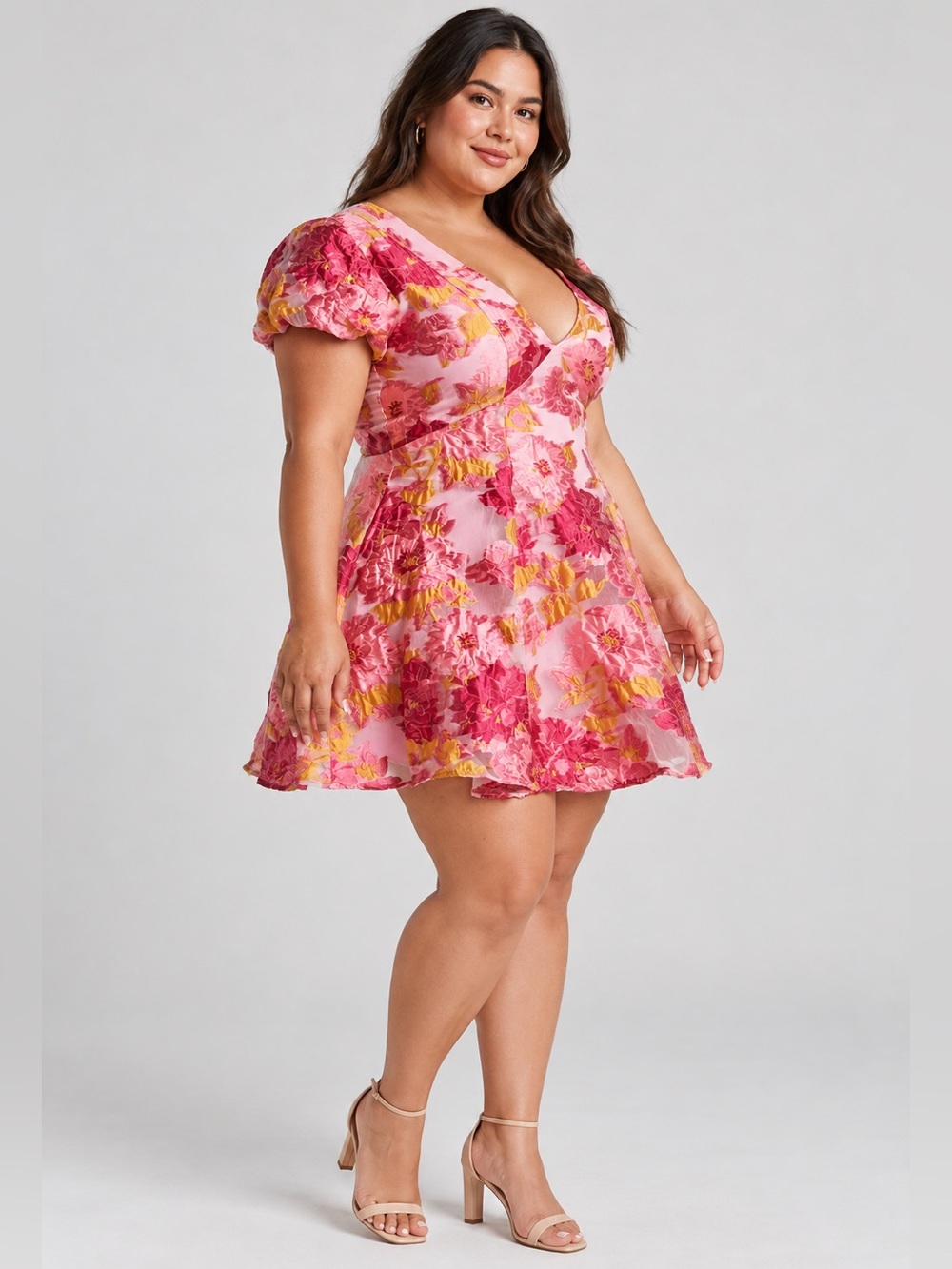 Showpo. Pink Lydia Jacquard Puff Sleeve Mini Dress NEW 14 Party Full Plunge Neck